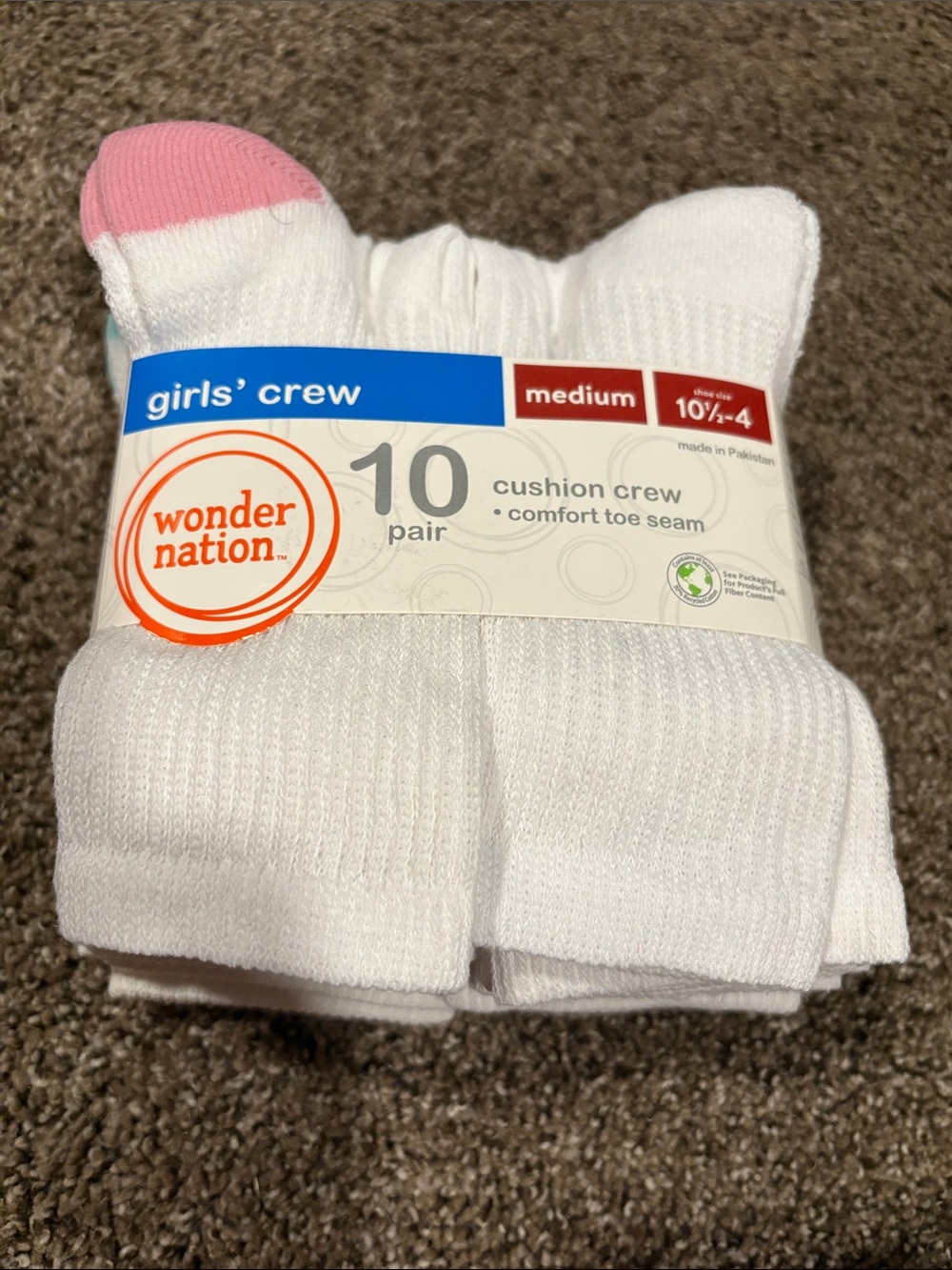 wonder nation White Crew Athletic Socks with Pink Toe Accent